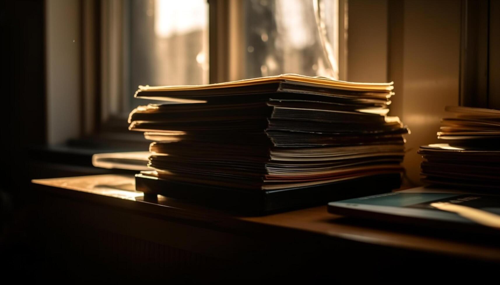 Old literature stack on wooden table indoors generated by AI photo