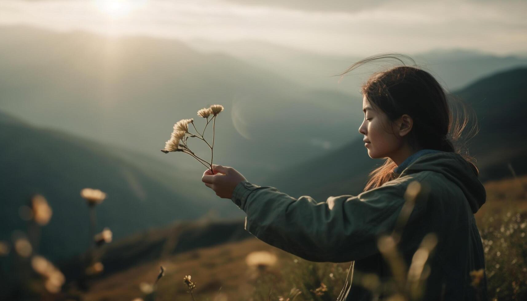 One young woman enjoying the beauty of nature generated by AI photo