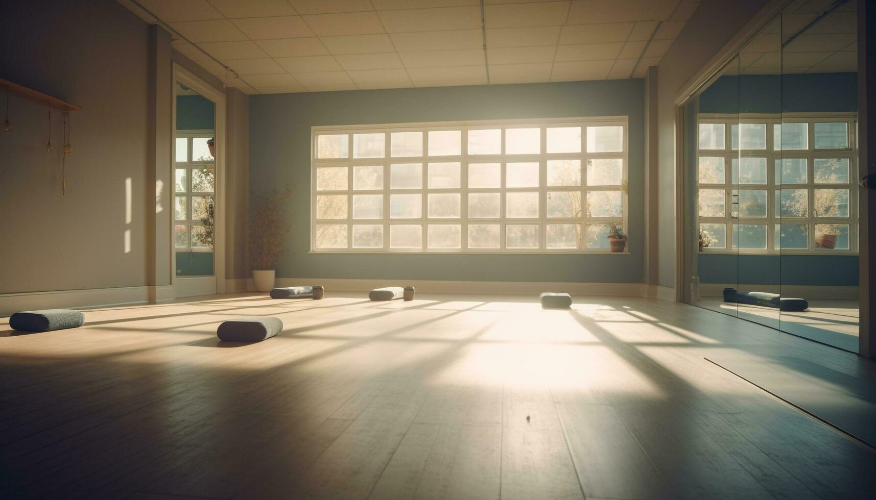Bright sunlight shines on empty yoga studio generated by AI photo