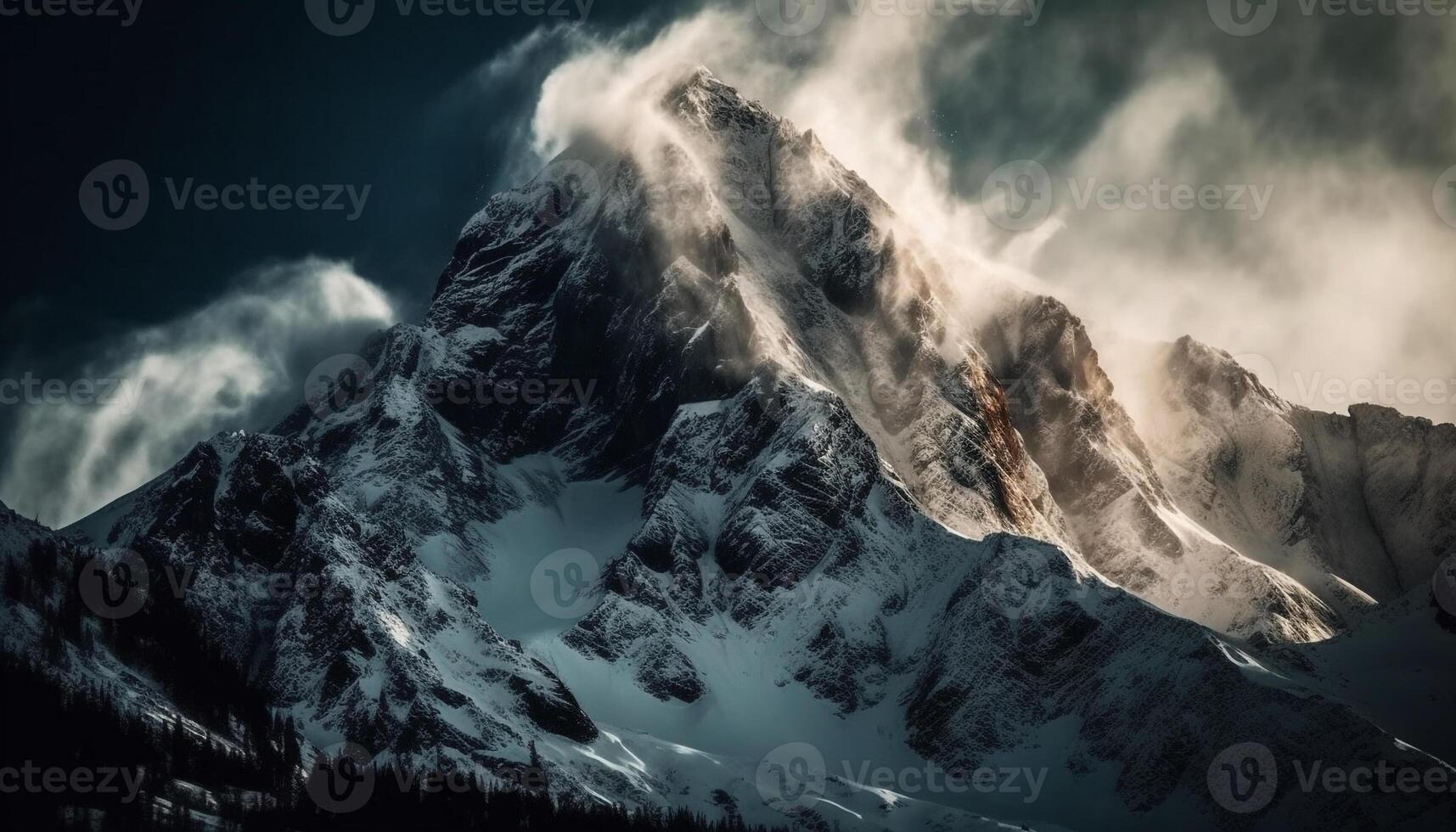 Snowcapped mountain peak majestically towers over panoramic landscape generated by AI photo