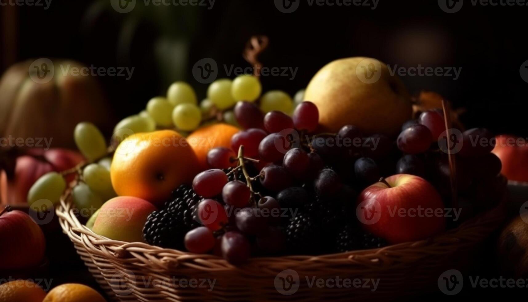 Fresh fruit in wicker basket, autumn abundance generated by AI photo