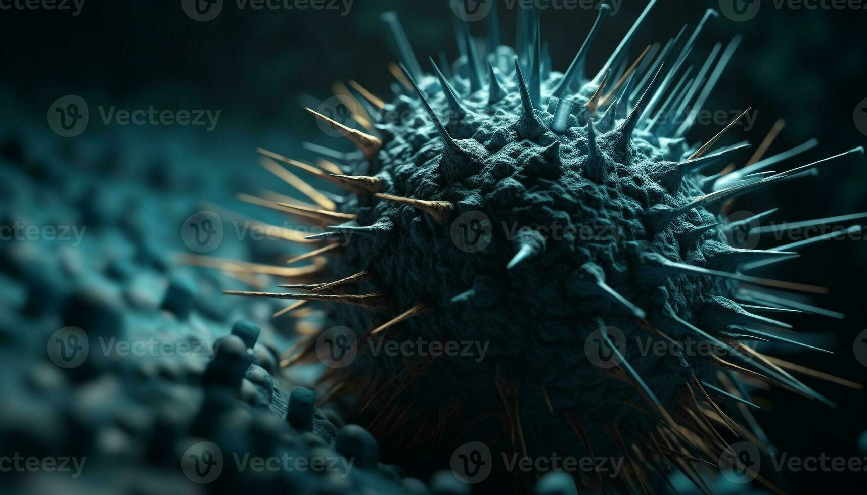 Sharp spiked flu virus magnified in blood generated by AI photo