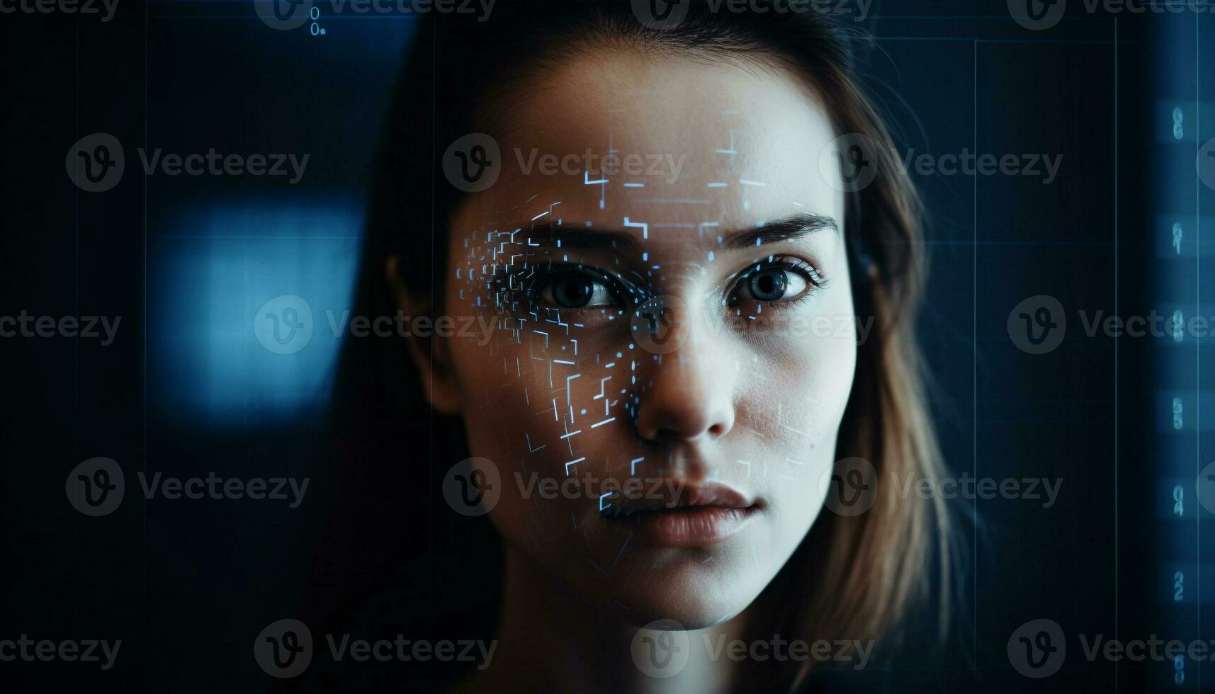 Beautiful blue eyed woman, glowing with technology generated by AI photo