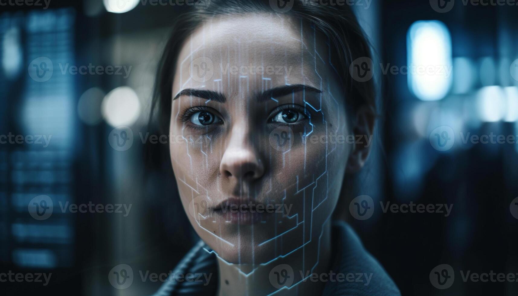 Young businesswoman focused in futuristic illuminated cityscape generated by AI photo