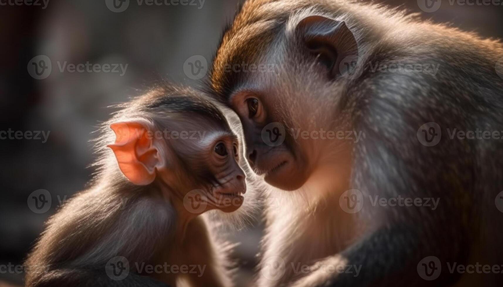 Young macaque and mother sitting in forest generated by AI photo