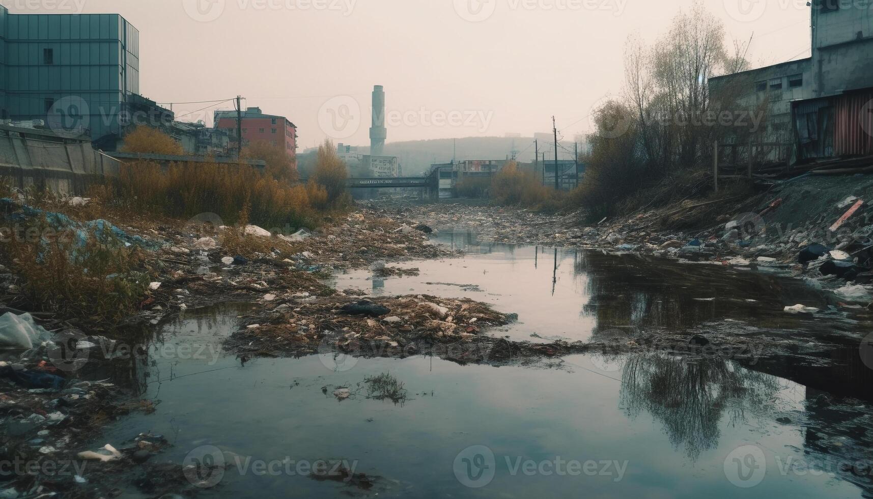 Abandoned factory ruins reflect environmental destruction and toxic waste heap generated by AI photo