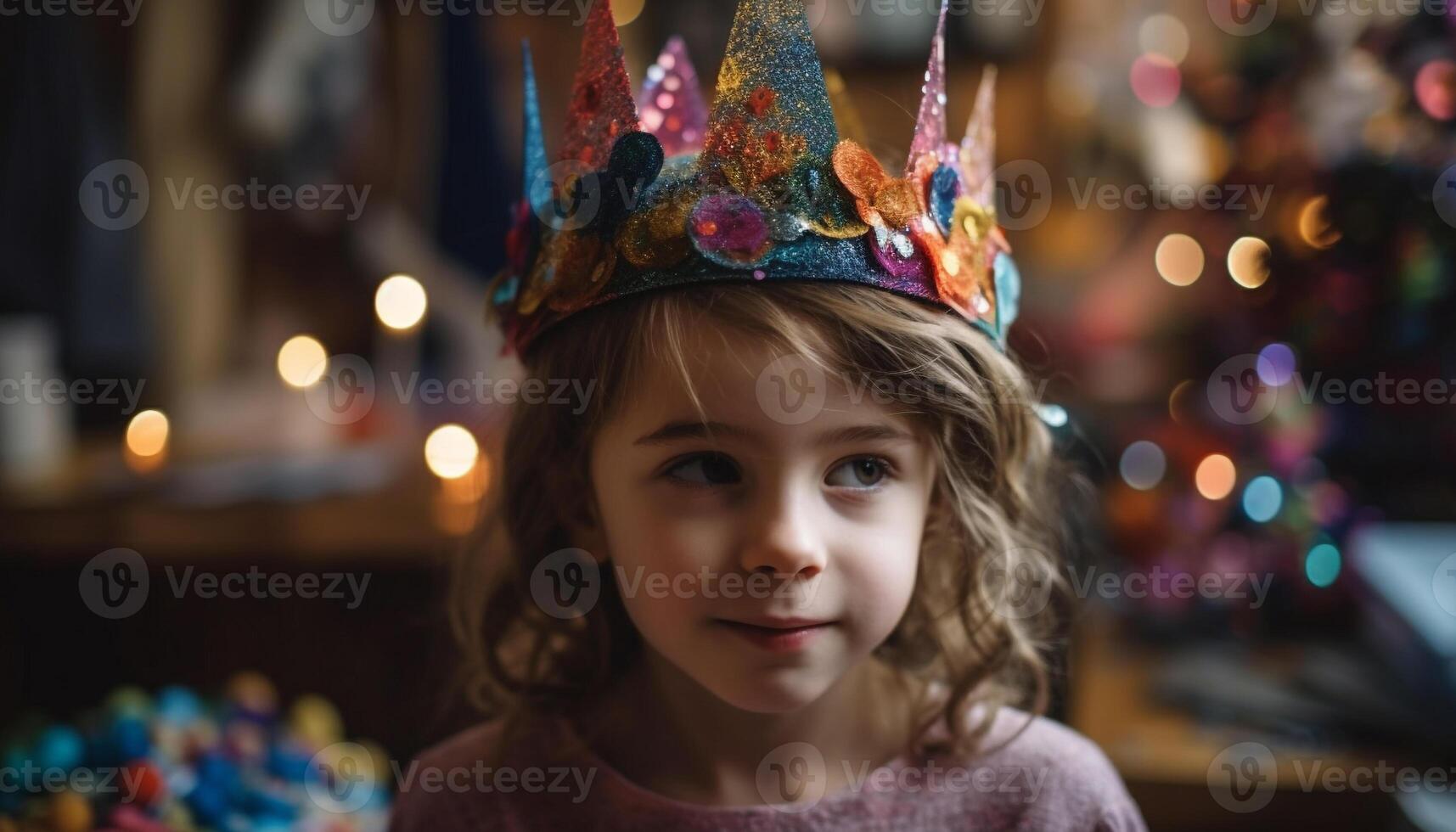 Cute princess smiles at Christmas party, enjoying festive decorations and fun generated by AI photo