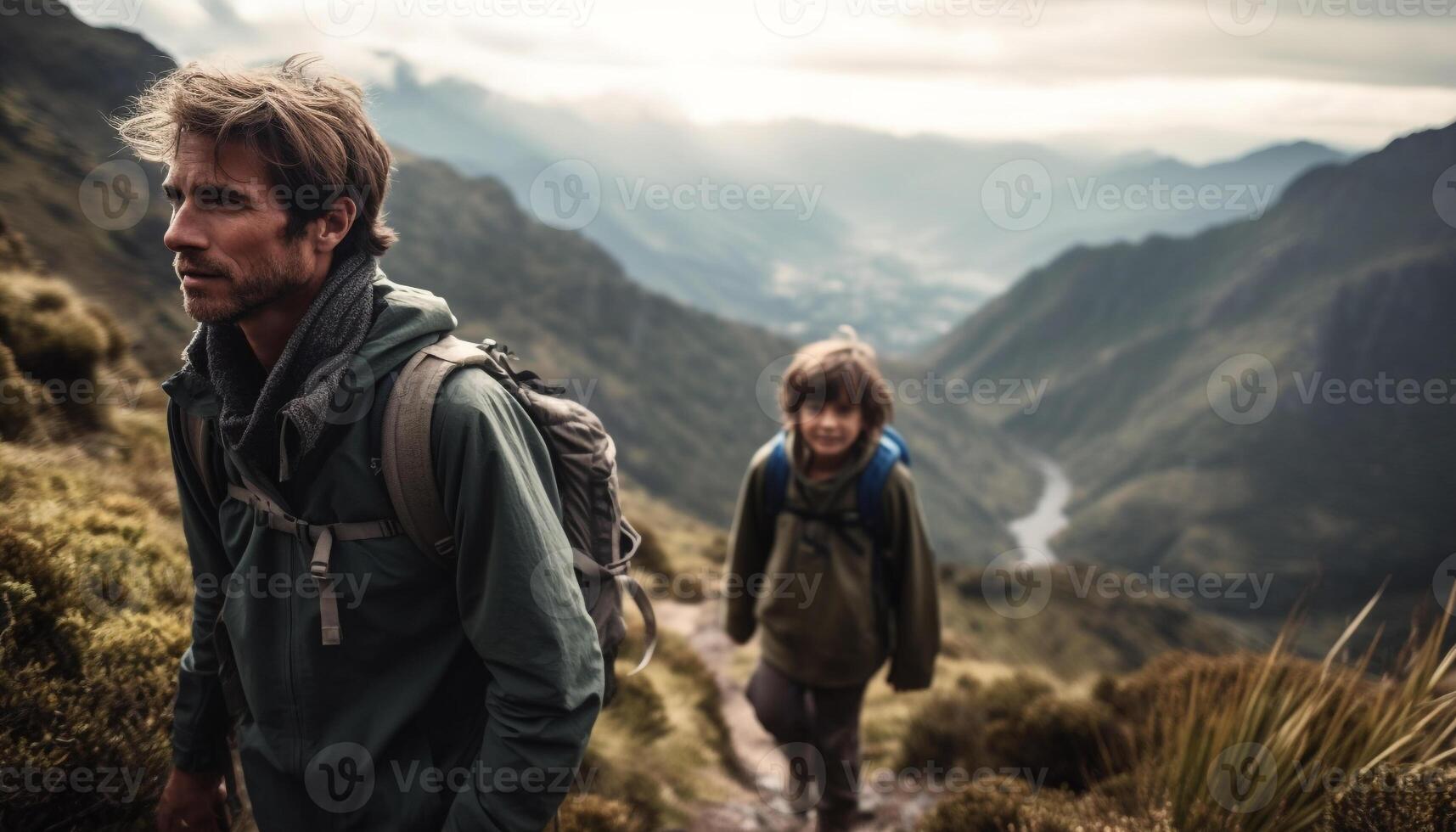 A smiling man hiking with backpack in mountain landscape adventure generated by AI photo