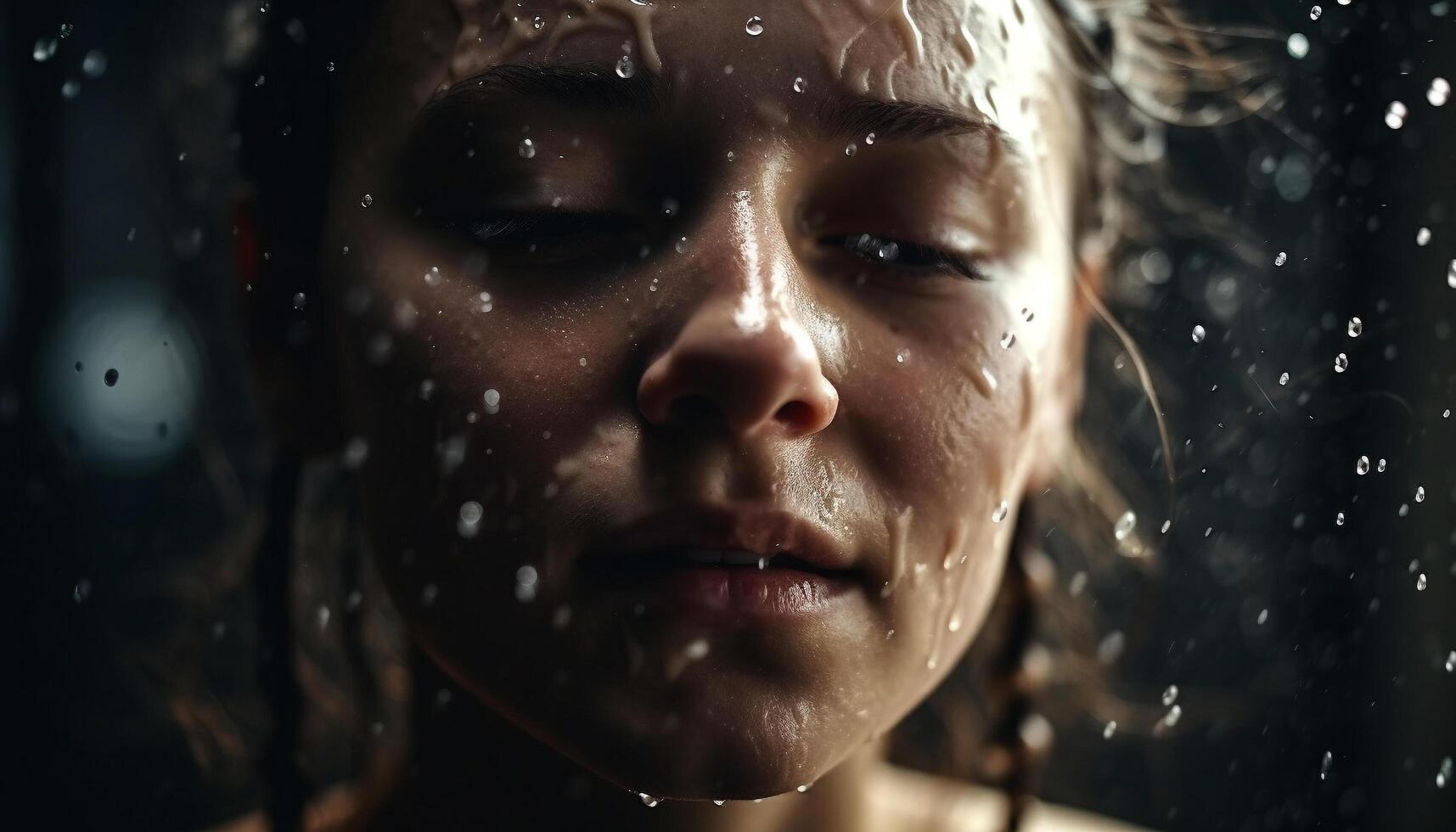 One beautiful woman, eyes closed, smiling in the rain generated by AI photo