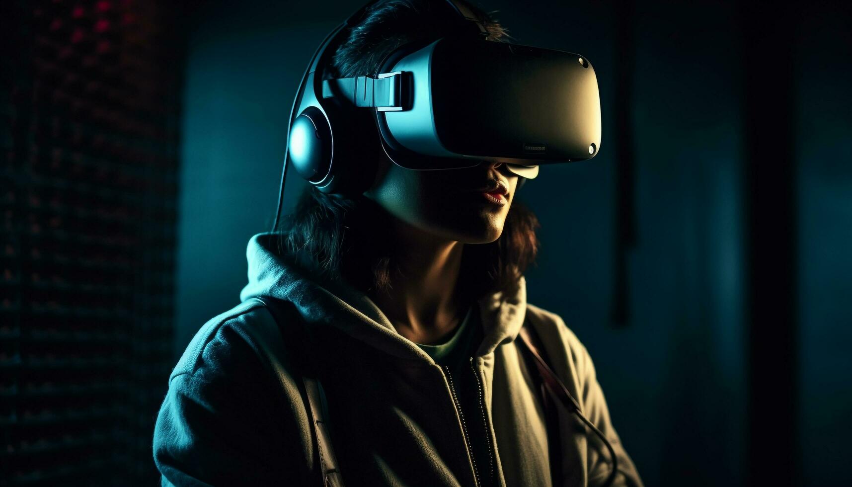 Young adults playing futuristic video game on virtual reality simulator
