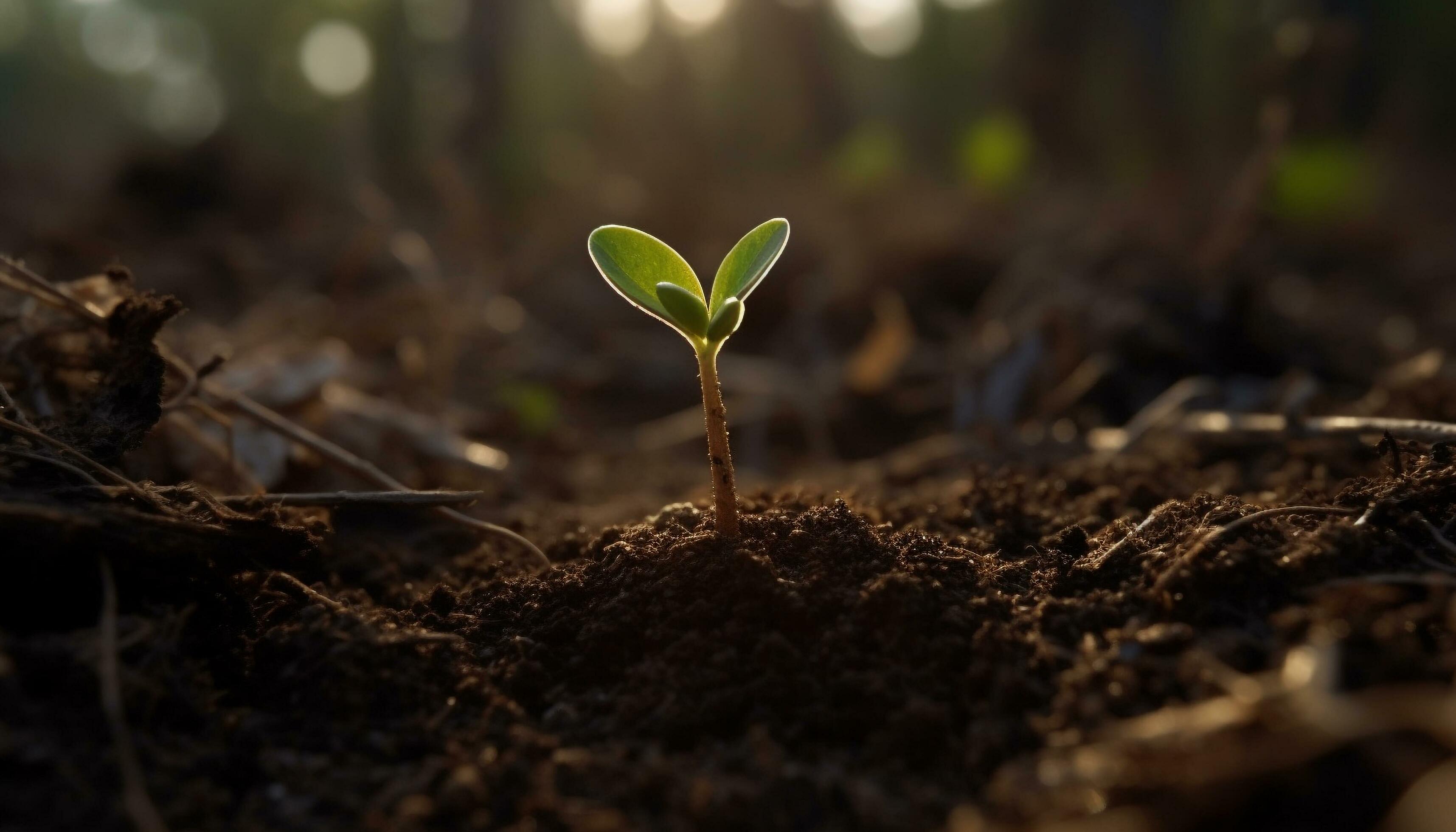 Fresh green seedling grows in muddy soil, symbolizing new life
