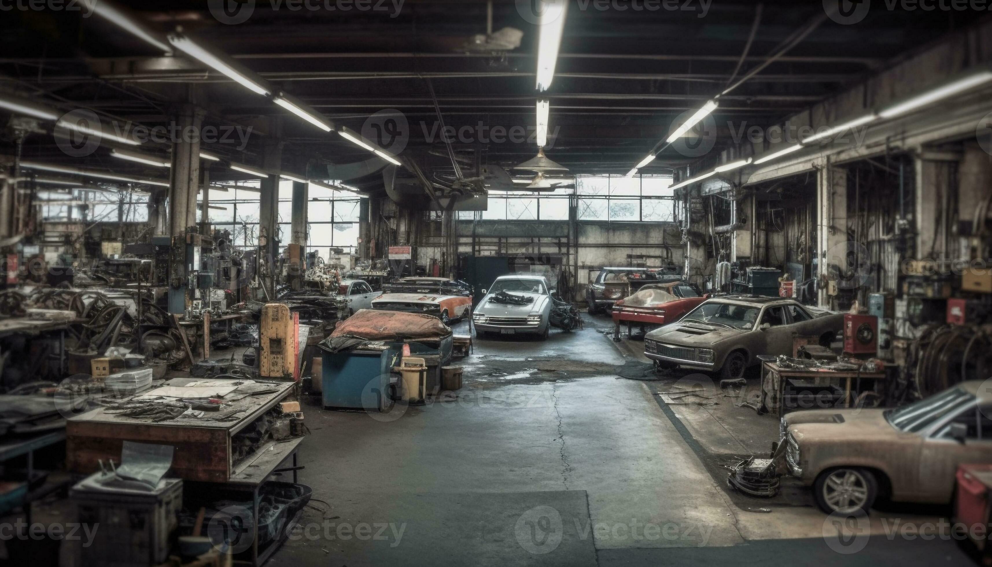 Old rusty machinery in a messy auto repair shop generated by