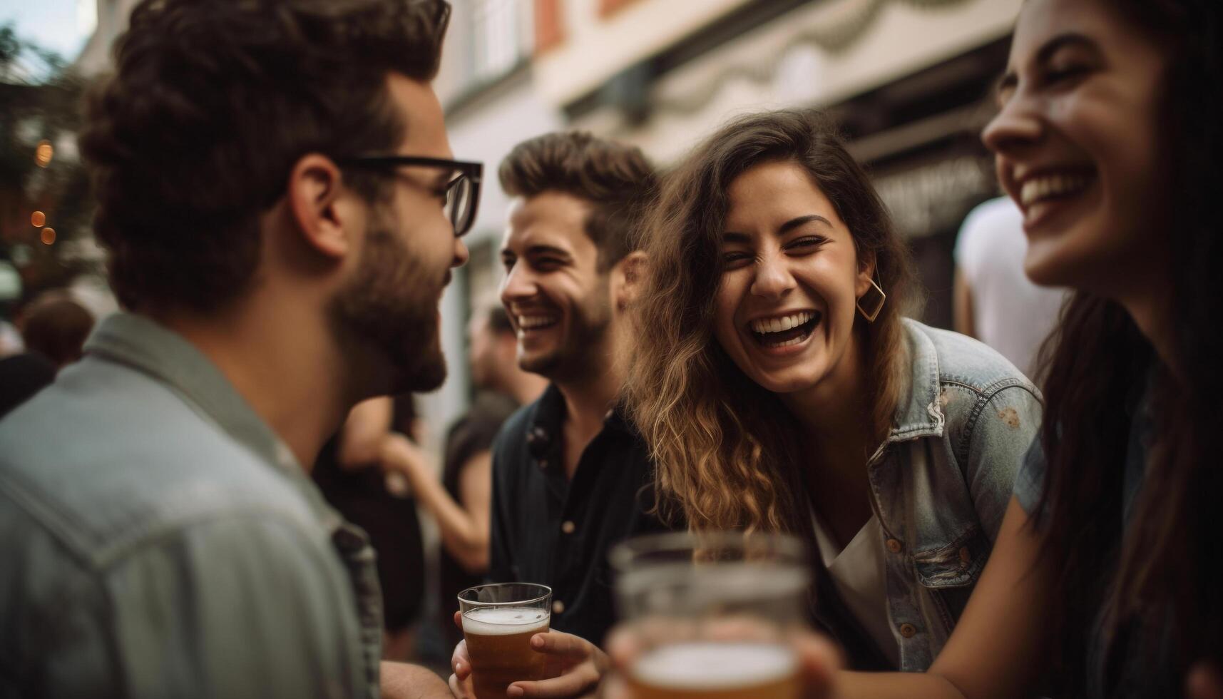 un multi étnico grupo de adultos disfrutando bebidas y la risa al aire libre generado por ai foto