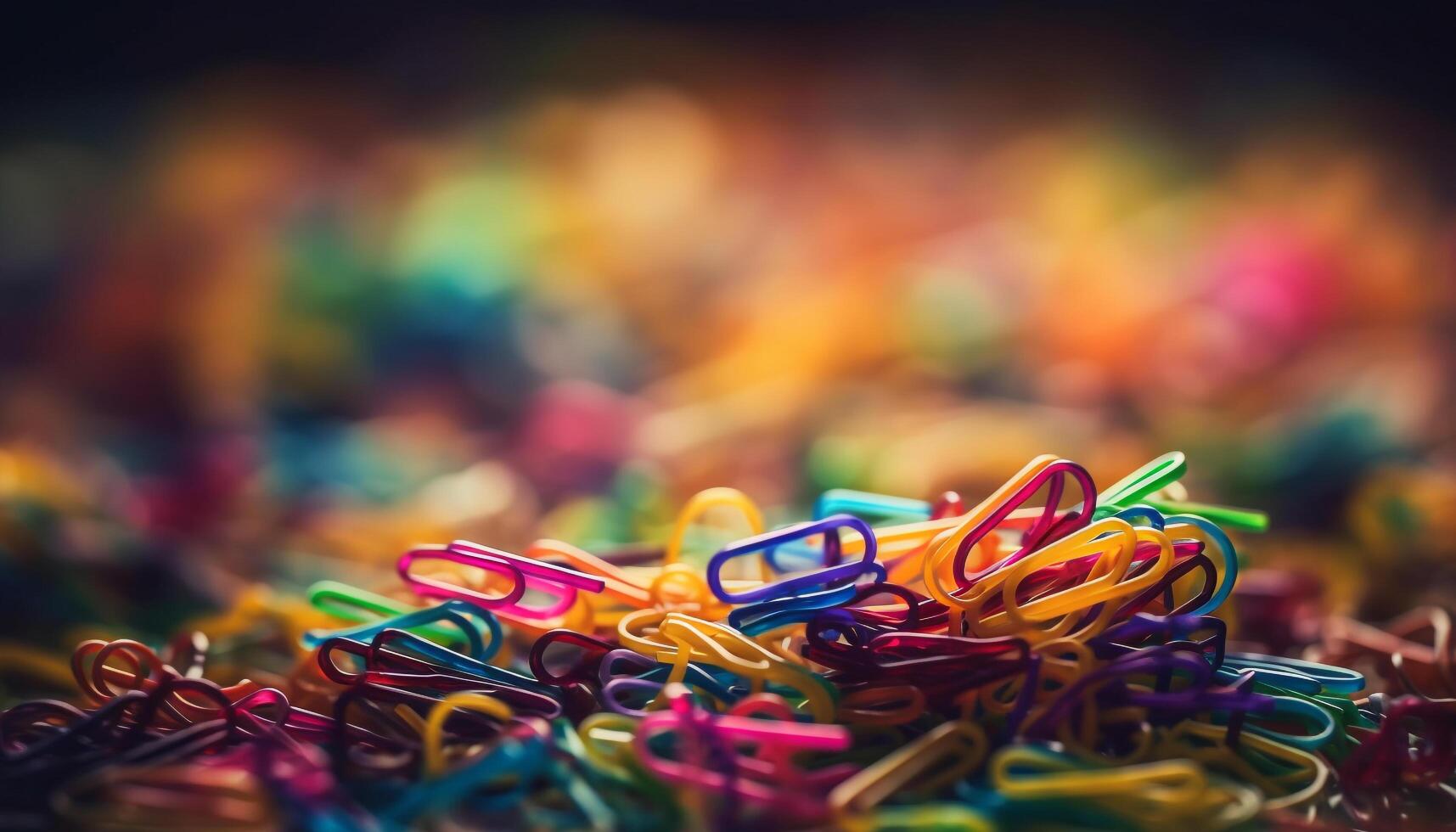 A colorful heap of office supplies paper clips, binder clips, and equipment generated by AI photo