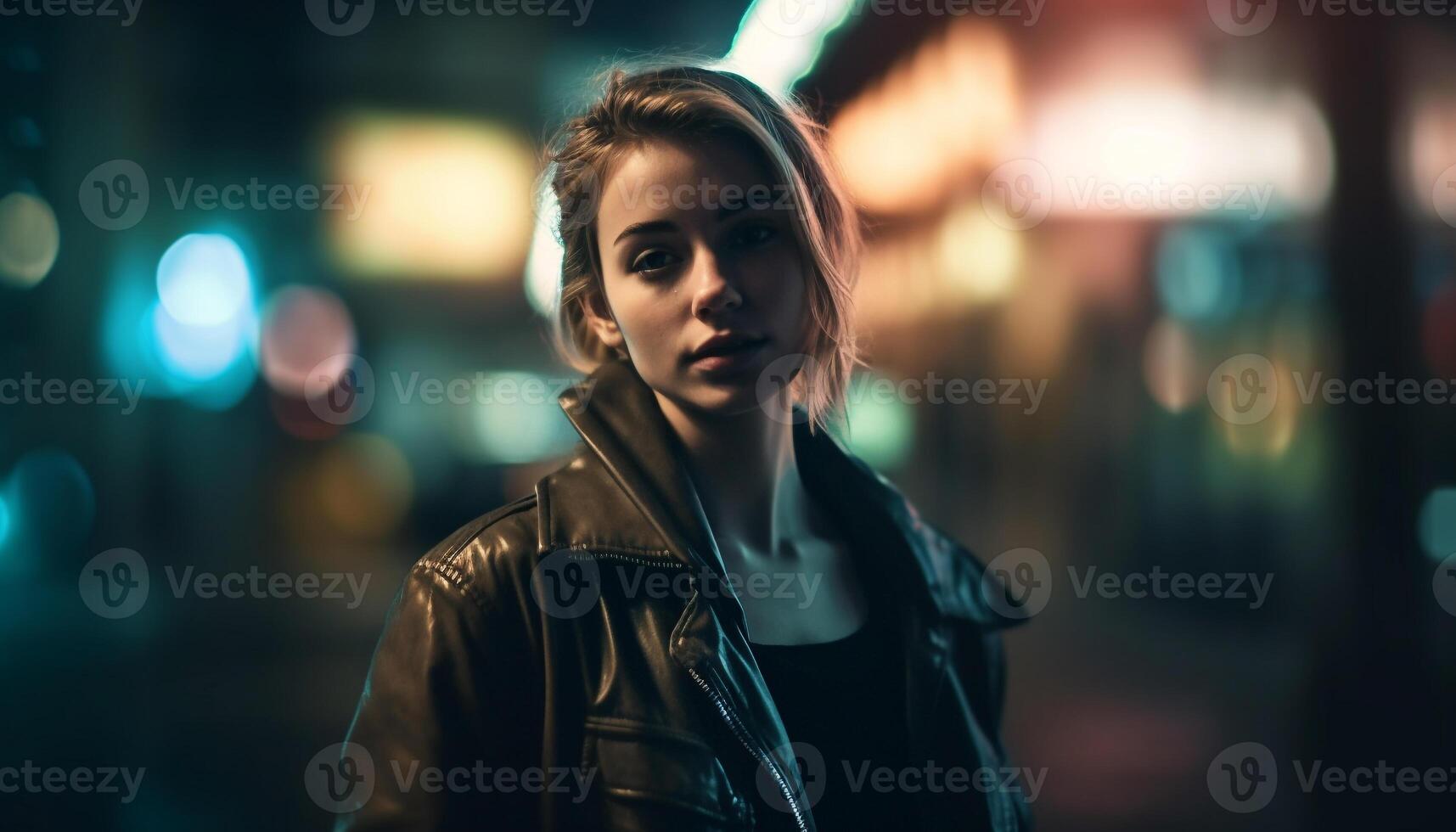 A confident young woman in leather jacket smiling at camera generated by AI photo