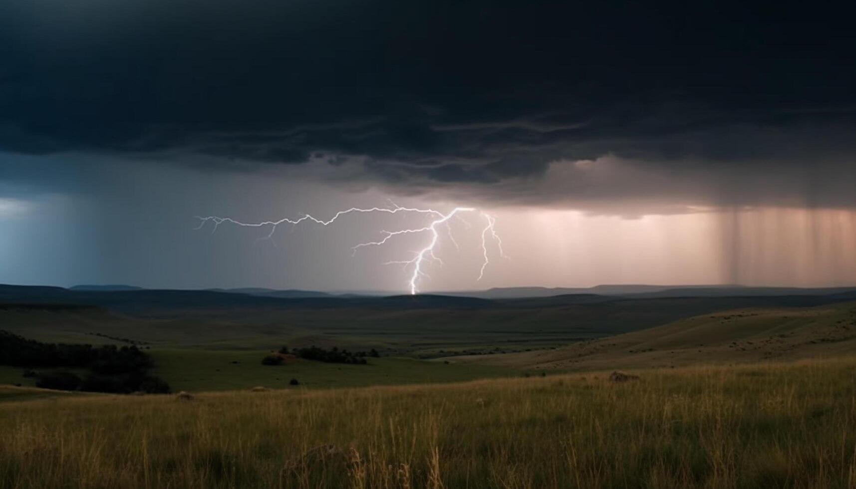 Dramatic sky with forked lightning illuminates wet rural landscape generated by AI photo