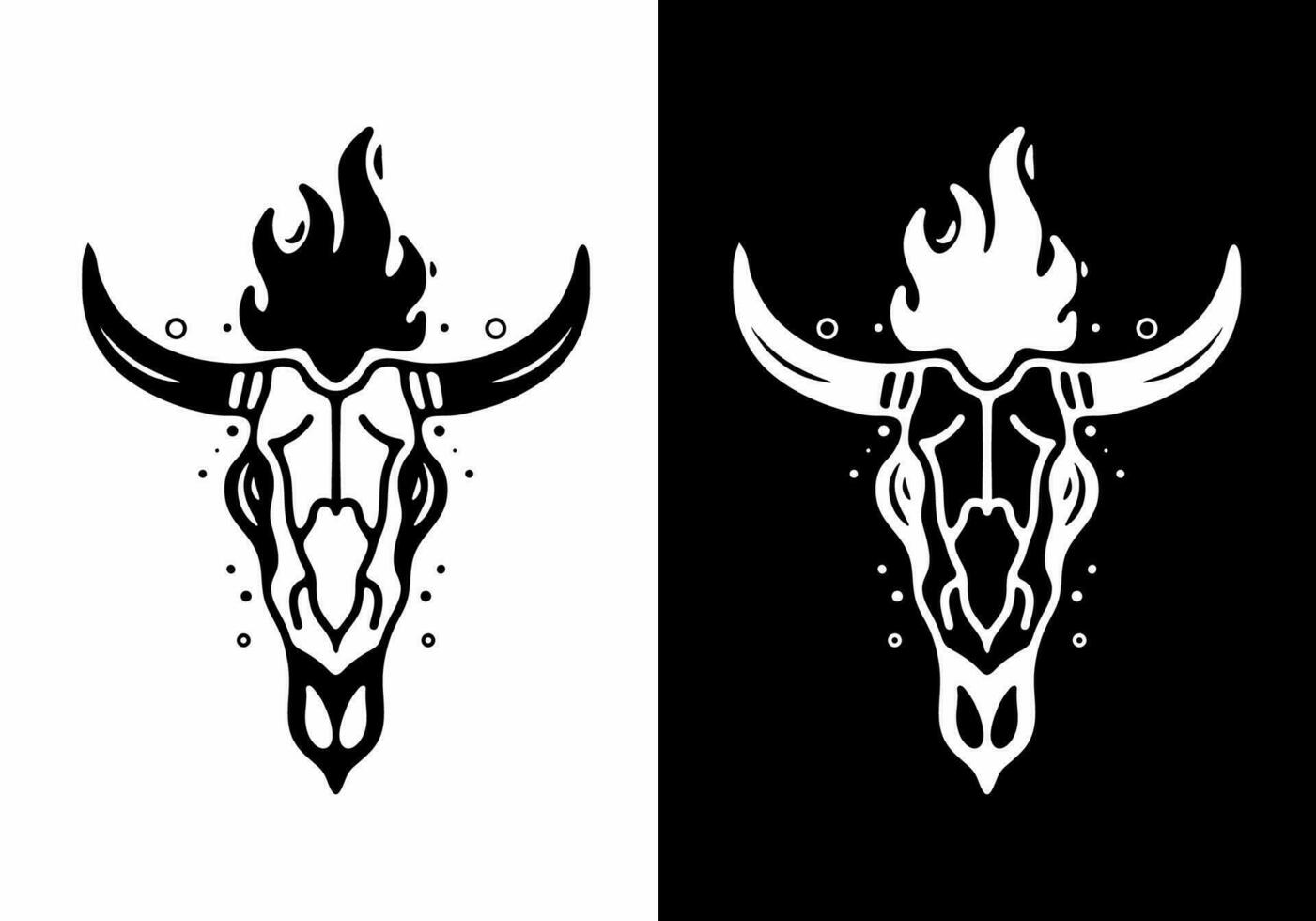 Black and white tattoo design of bull skull with fire flame vector