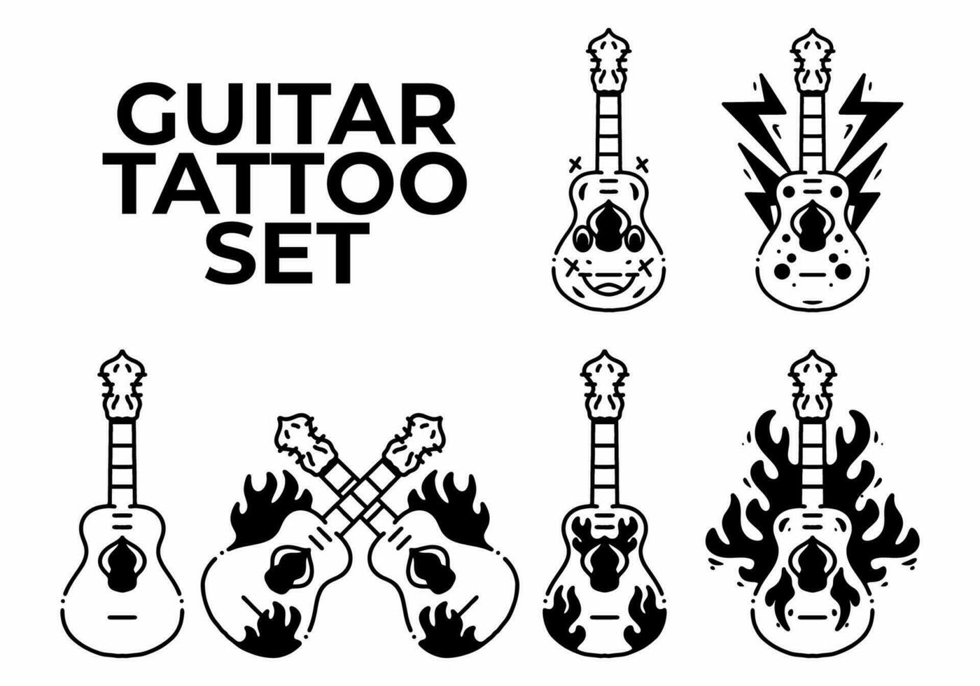 Black and white color of guitar tattoo design set vector