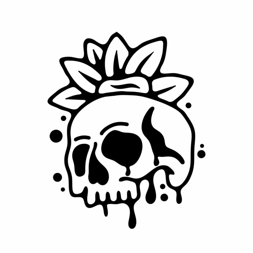 Black and white color of skull and flowers tattoo vector