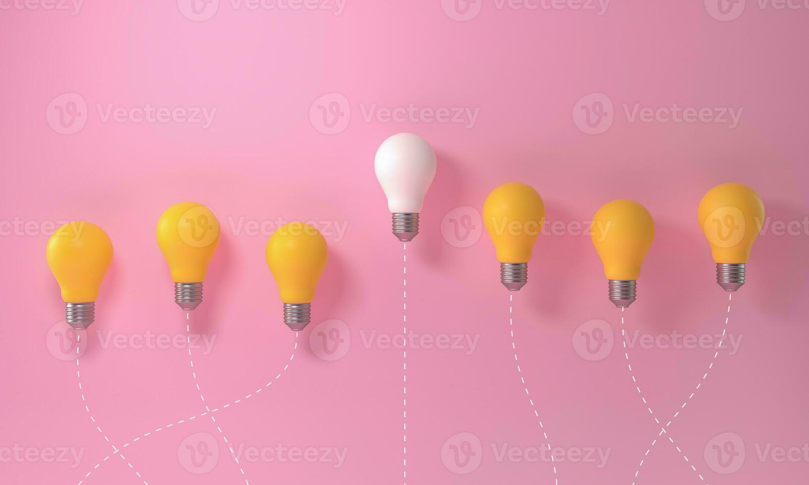 Light bulb outstanding among yellow lightbulb group on pink background. Innovation unique think different. photo