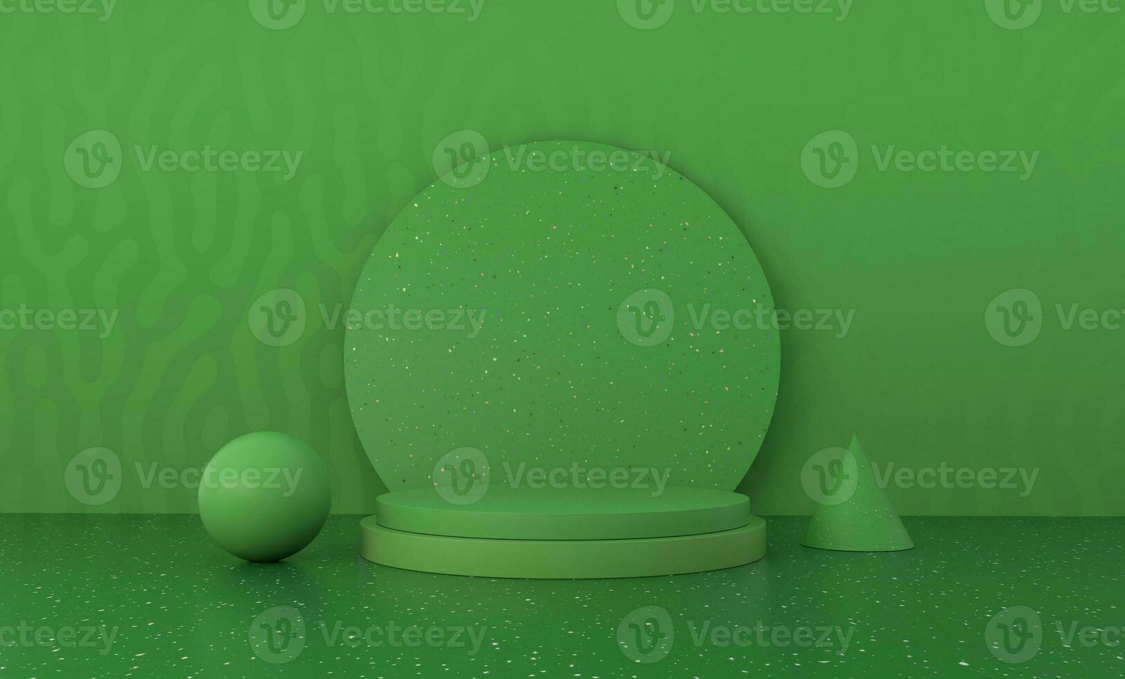 Scene of an ecological podium and geometric shapes next to it with green terrazzo textures photo