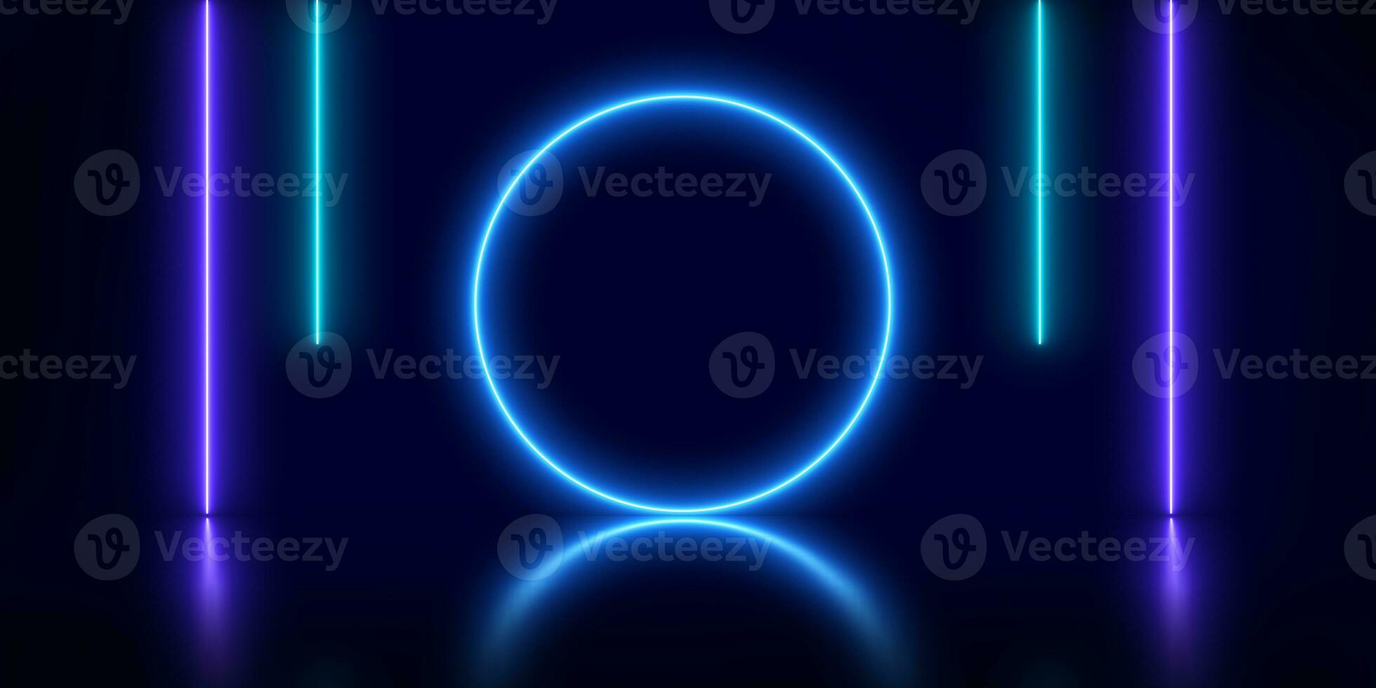 Neon blue round frame background. circle, ring shape, empty space, ultraviolet light. photo