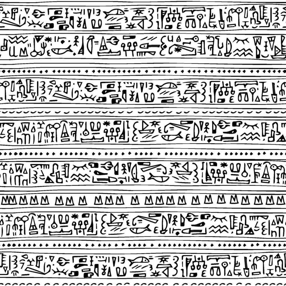Egyptian lettering hand drawn mystery hieroglyphs childish seamless pattern vector illustration on white background