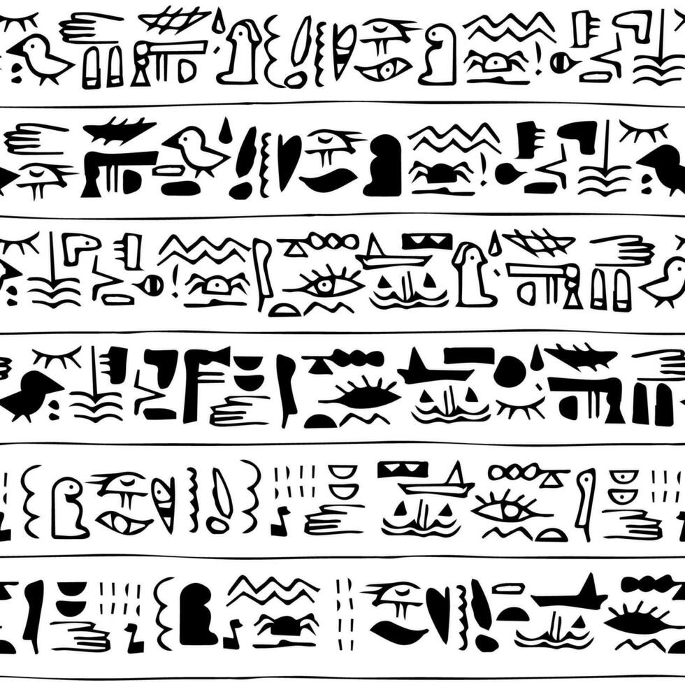 Seamless egyptian pattern theme with tribal ethnic motifs. Black-white horizontal vintage border, retro hand drawing for textile vector