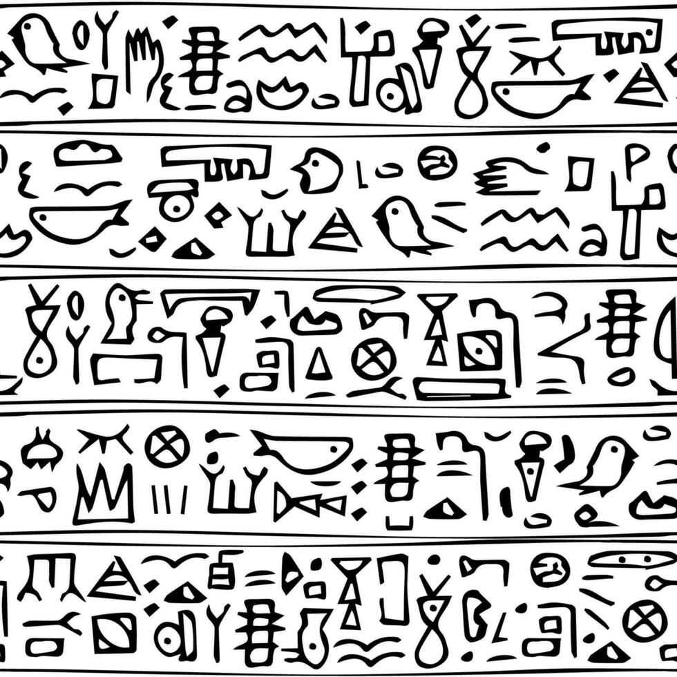 Ancient hand-drawn black line seamless pattern with Hieroglyphs symbols of people, animals and abstract signs similar to Egyptian on white background vector