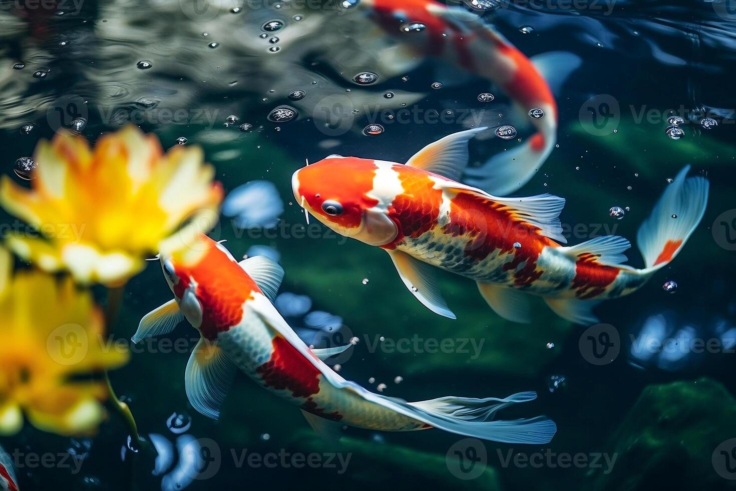 parte superior ver de vistoso koi peces en claro agua. ai generativo foto