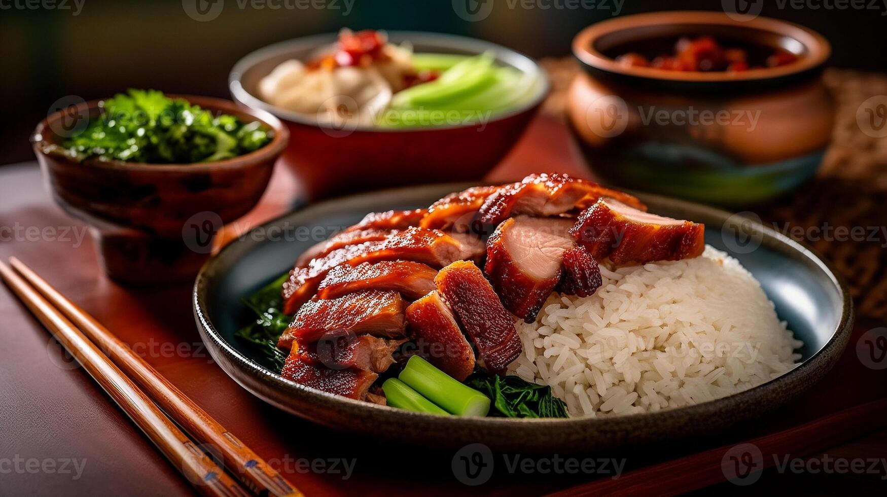 Chinese bbq sweet pork serve with rice. . photo
