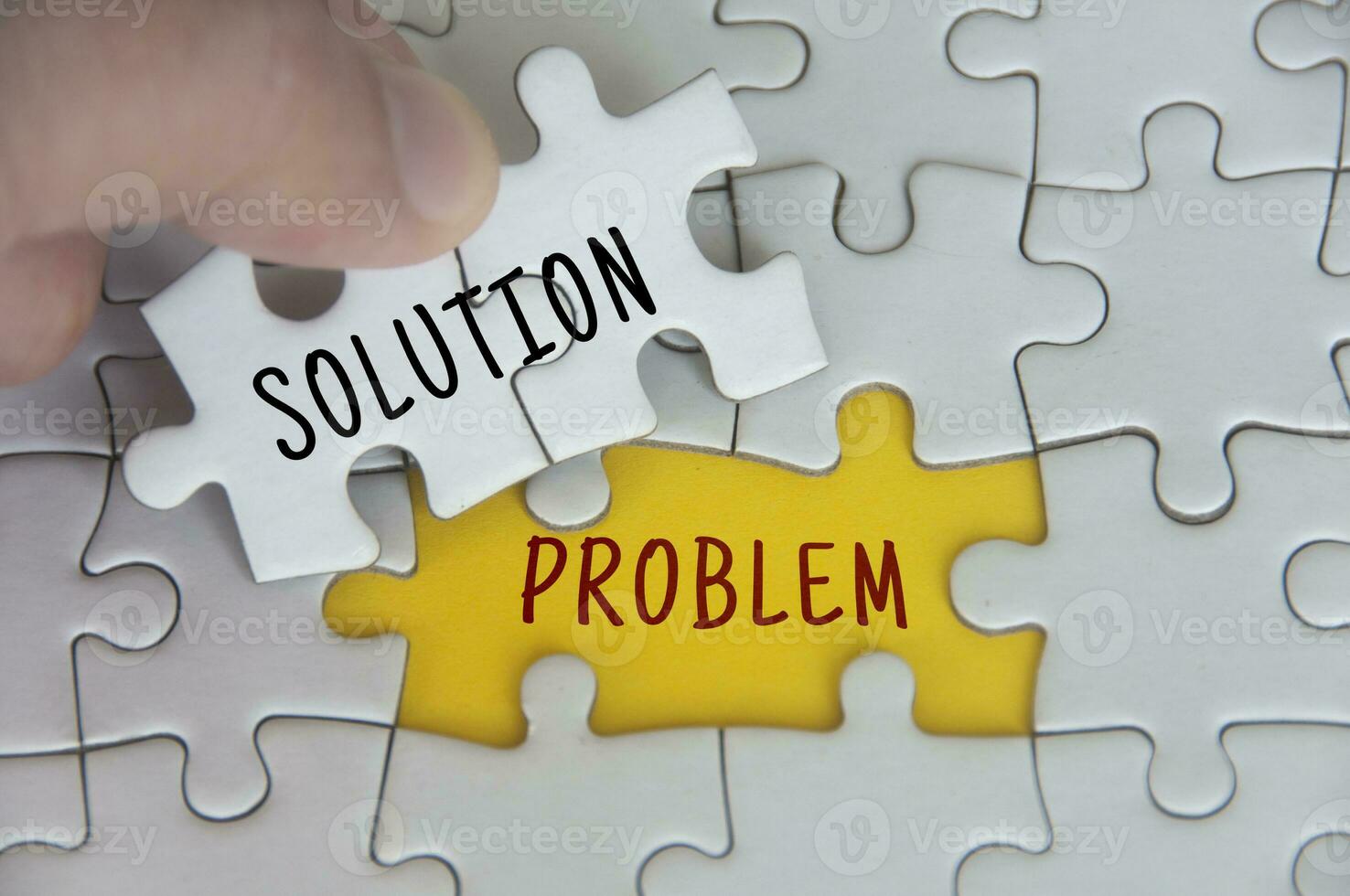 Solution to a problem text on jigsaw puzzle. Problem solving concept photo