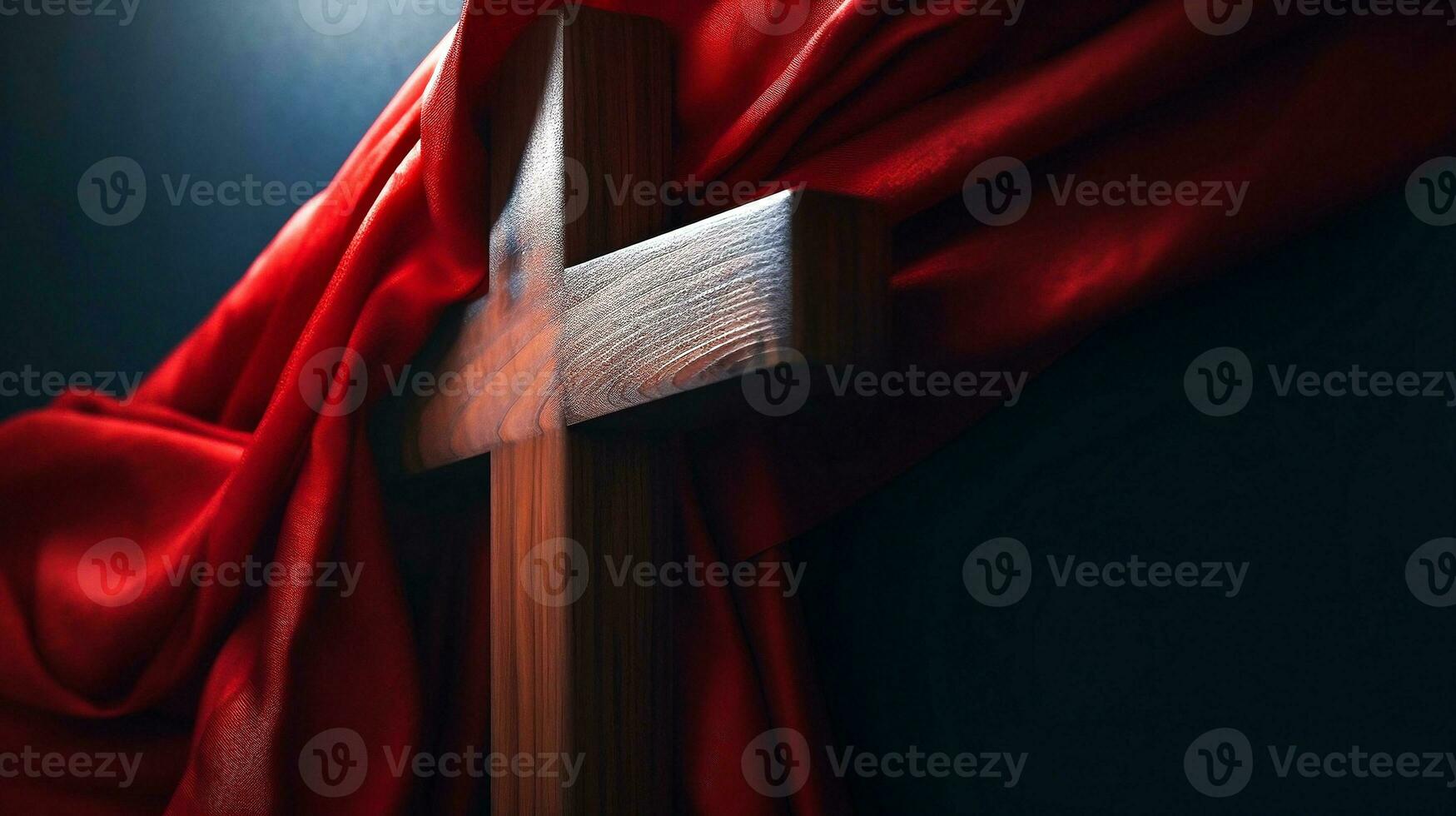 Wooden Cross of Jesus covered with red shawl. Lent season, Holy week and Good friday concept photo