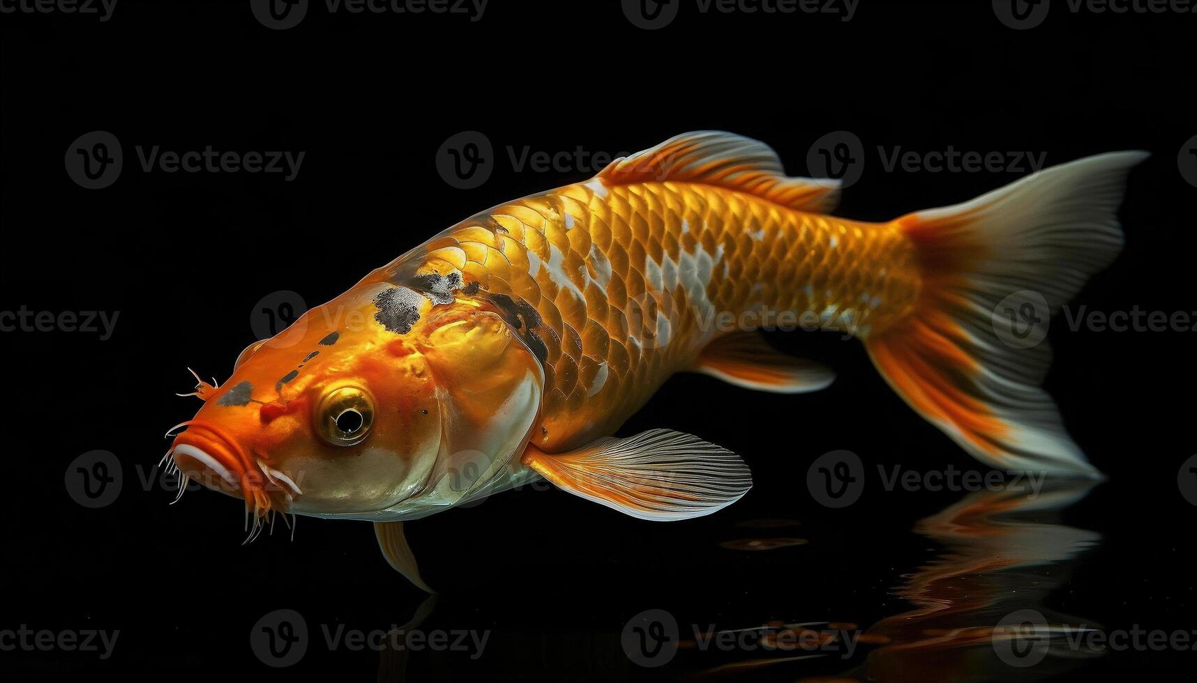 cerca arriba ver de dorado koi peces en claro agua con oscuro antecedentes. ai generativo foto