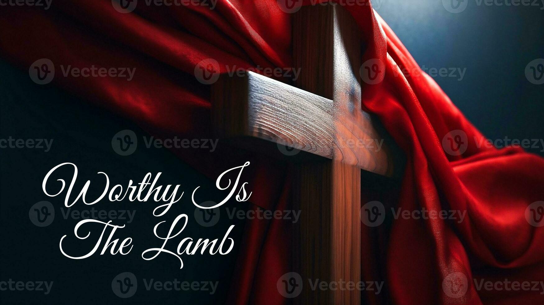 Worthy is the Lamb text with Wooden Cross covered with red shawl. Lent season, Holy Week and Good Friday concept. photo