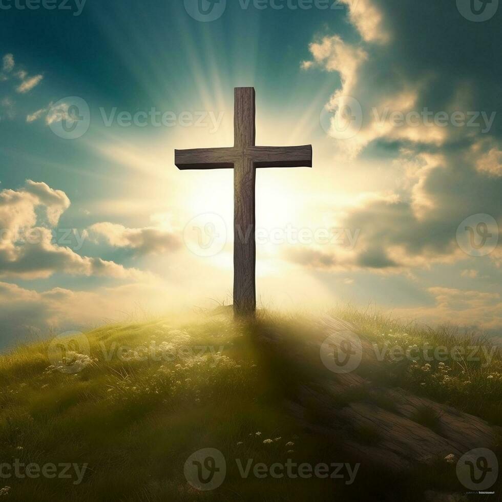Wooden Cross on top of a hill with shinning light background. Lent season, Holy Week and Good Friday concept. photo