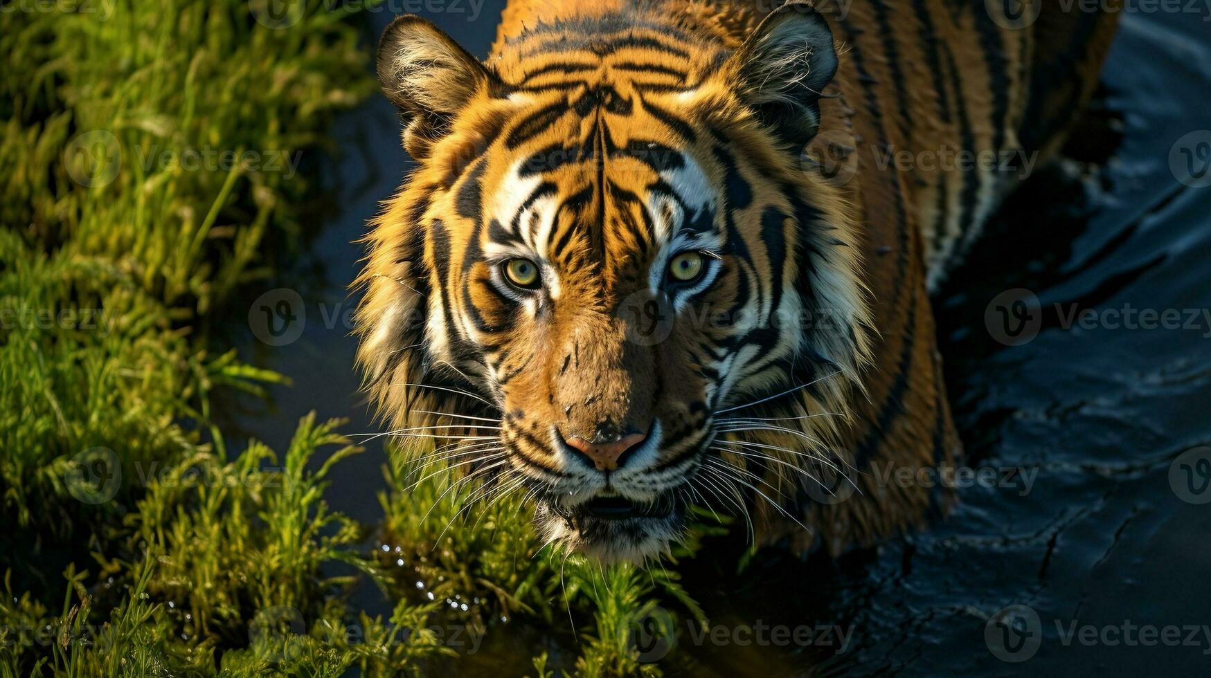 Top view of close up view of a Malaysian tiger. Wildlife concept and copy space. photo