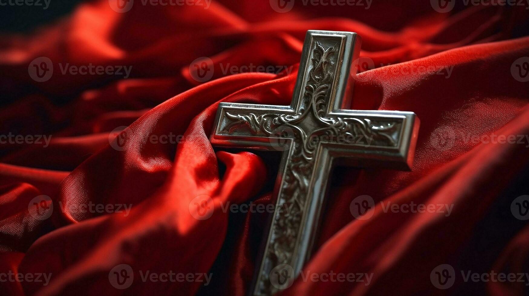 Metal Holy Cross on red shawl cover background. Lent season, Holy week and Good friday concept photo