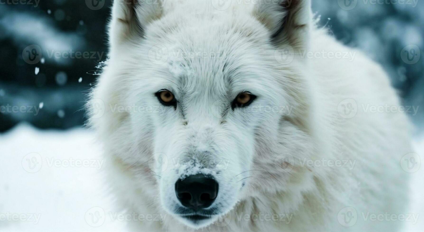 cerca arriba de blanco lobo con nieve antecedentes. ai generativo y animal Reino concepto foto