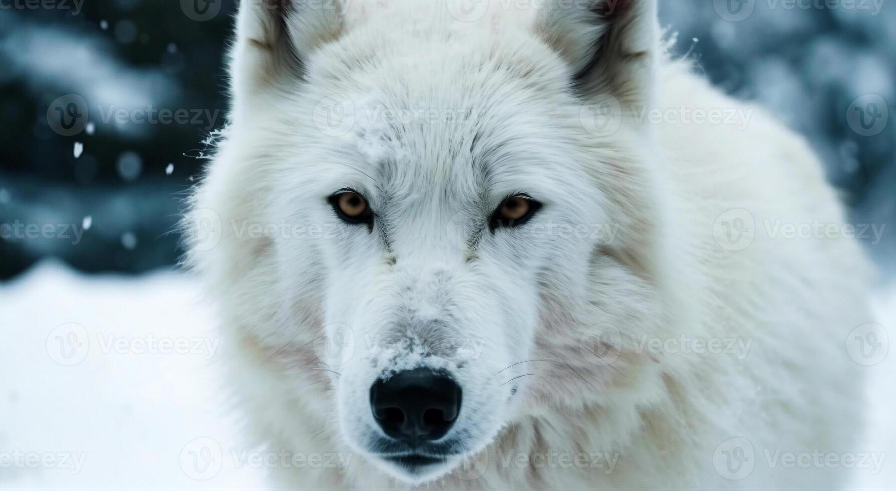 Close up of white wolf with snow background. and Animal kingdom concept photo