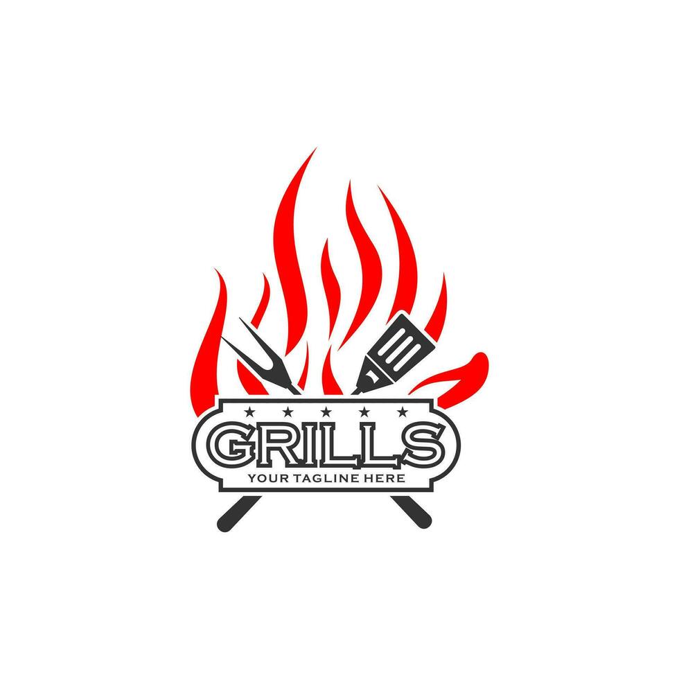 Barbecue restaurant - minimalist logo concept. Logo of Barbecue, Grill and Bar with fire, grill fork and spatula. BBQ logo template. Suitable for your design need, logo, illustration, animation, etc. vector