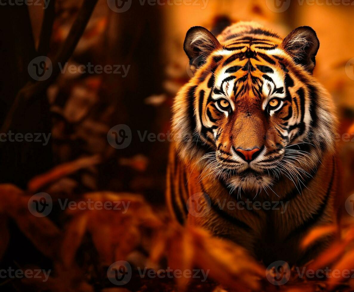 Macro view of close up view of a Malaysian tiger. Wildlife conservation concept and copy space. photo