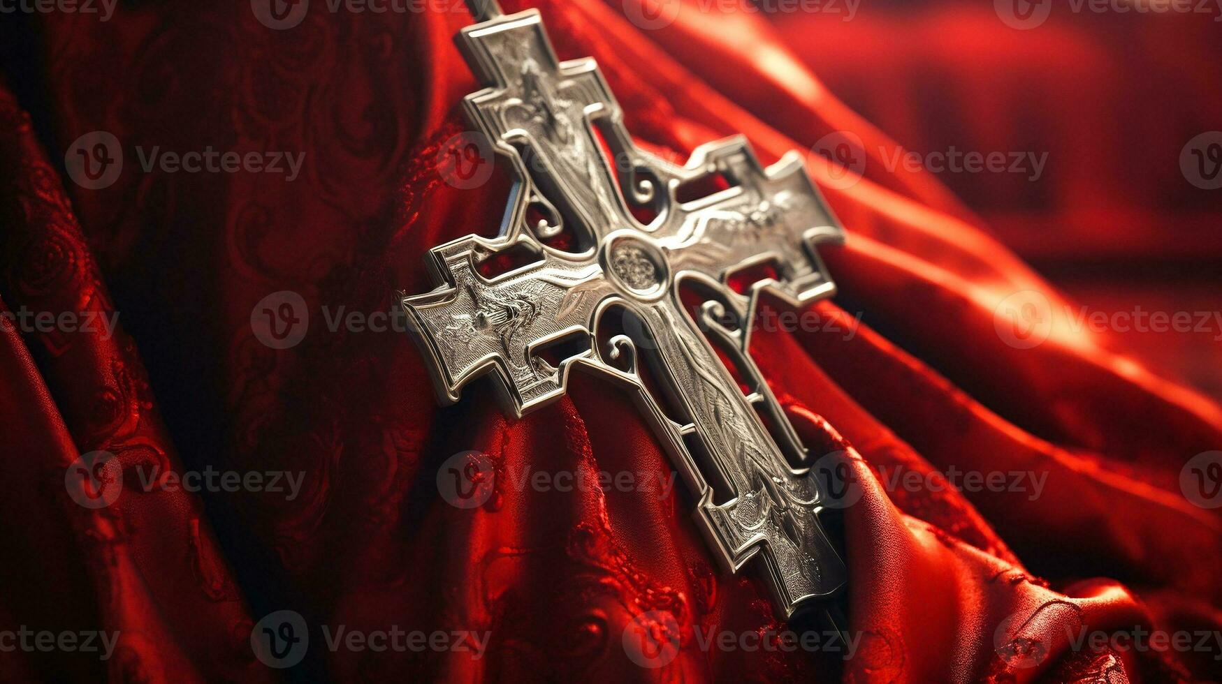 Metal Holy Cross on red shawl background. Lent season, Holy week and Good friday concept photo