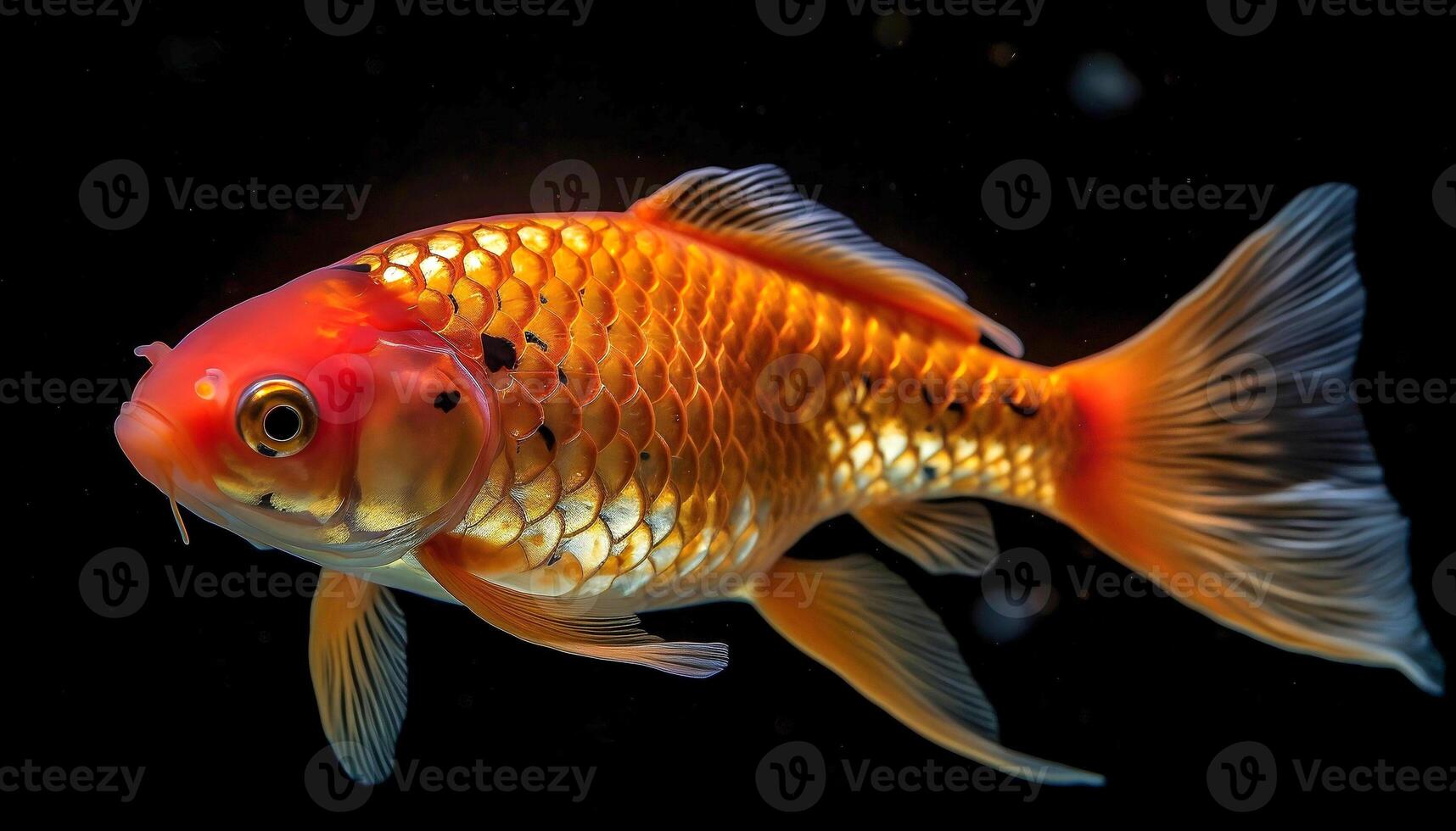 Close up view of golden koi fishes in clear water. photo