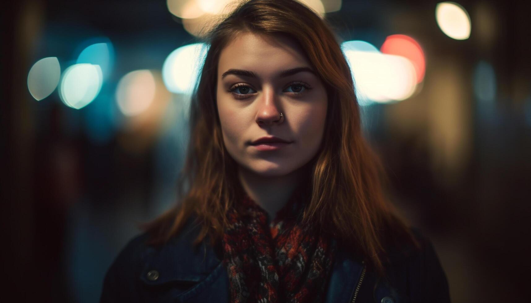 One young woman, illuminated by street light, smiling at camera generated by AI photo