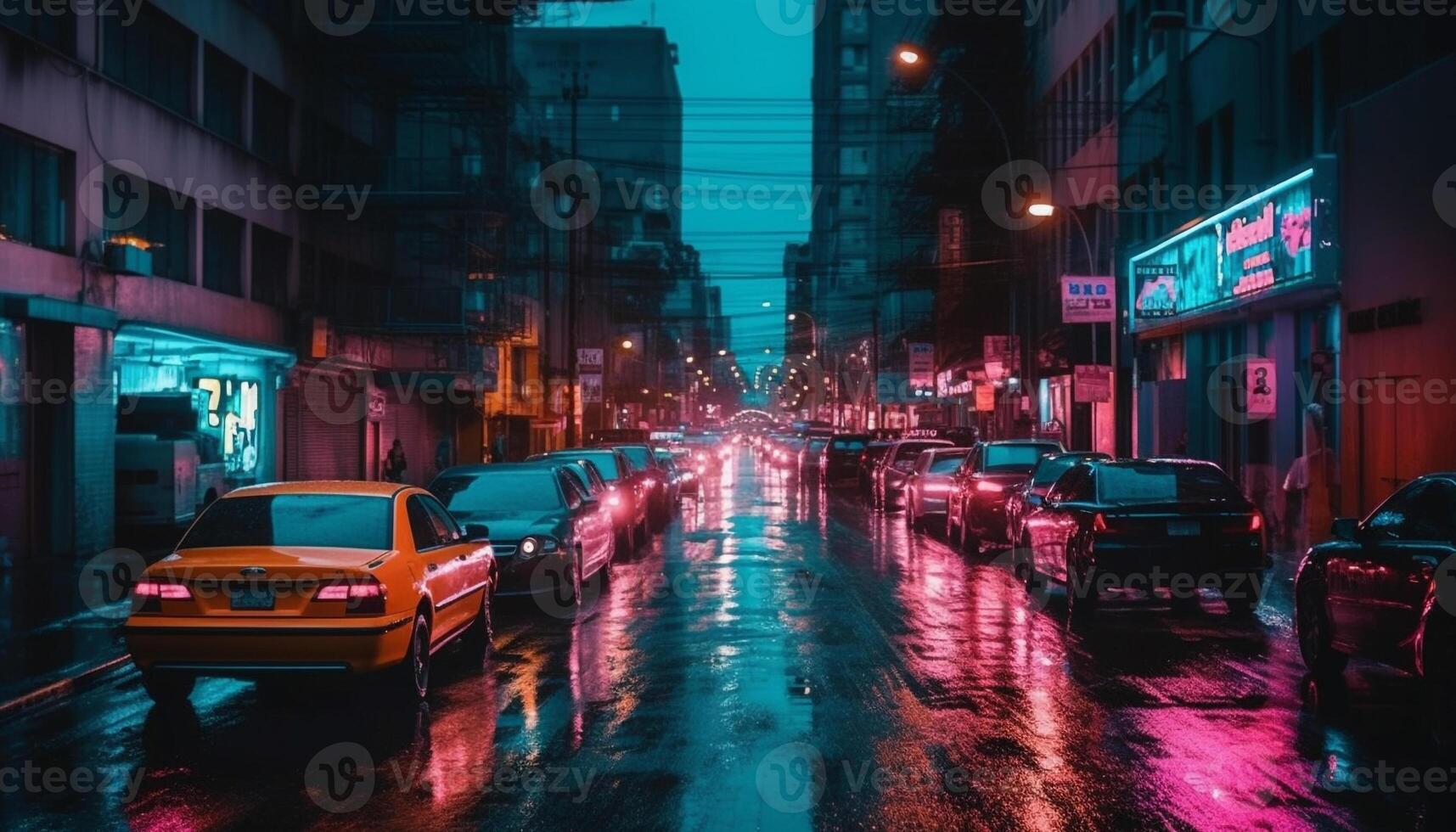 Rush hour traffic illuminates city skyline with multi colored light trails generated by AI photo