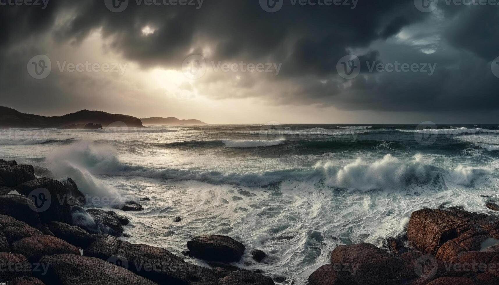Dramatic sky and tranquil seascape, a beauty in nature season generated by AI photo