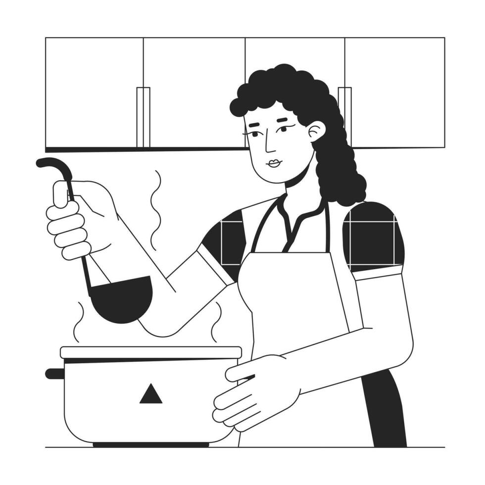 Woman cooking at home bw concept vector spot illustration. Food preparation 2D cartoon flat line monochromatic character for web UI design. Kitchen appliance editable isolated outline hero image
