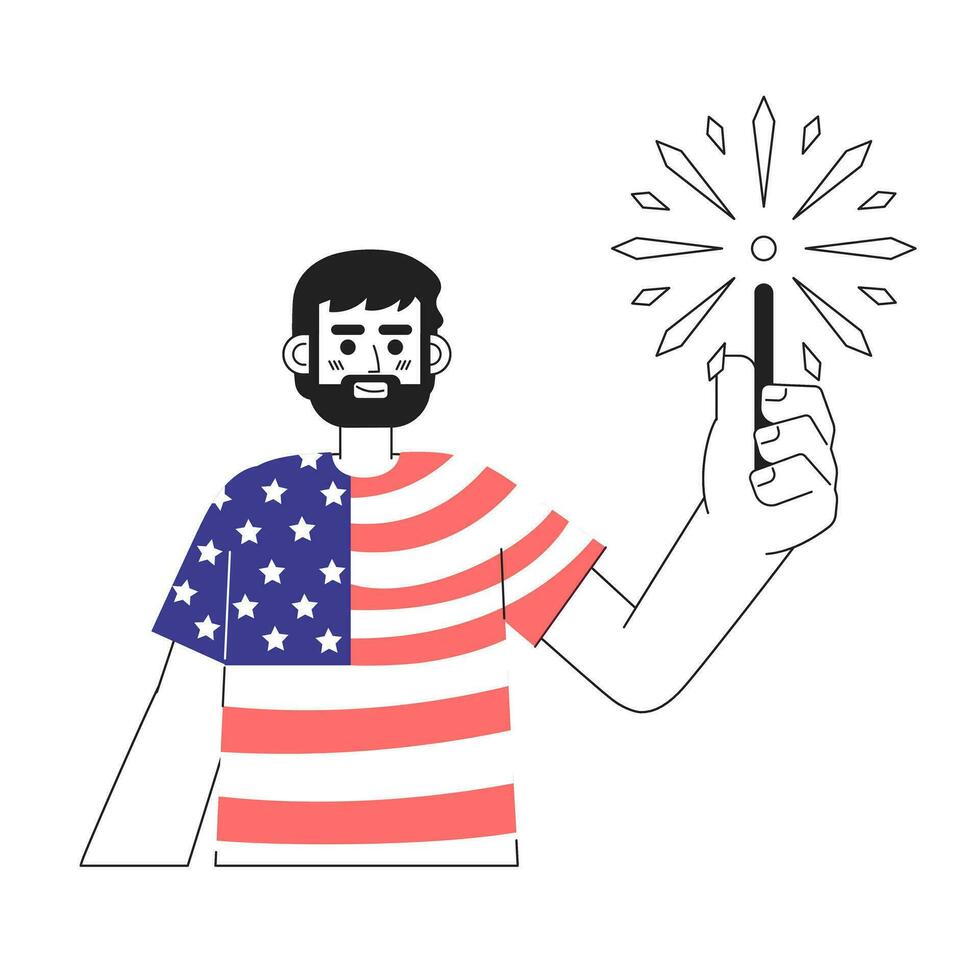 Patriotic caucasian man holding sparkler monochromatic flat vector character. Wearing american flag tshirt. Editable line half body person on white. Simple bw cartoon spot image for web graphic design
