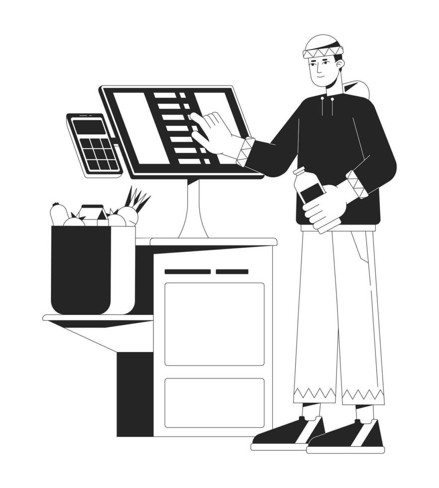 Man near self service terminal bw concept vector spot illustration. Payment for purchases 2D cartoon flat line monochromatic character for web UI design. Shopping editable isolated outline hero image